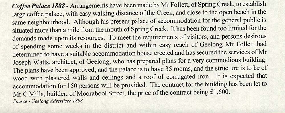 Palace Hotel Note circa 1888 re building by Mr Follett